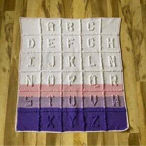 Vintage Baby Blanket Girl Crochet Purple Pink Nursery Cottage Sweet ABC's Throw
